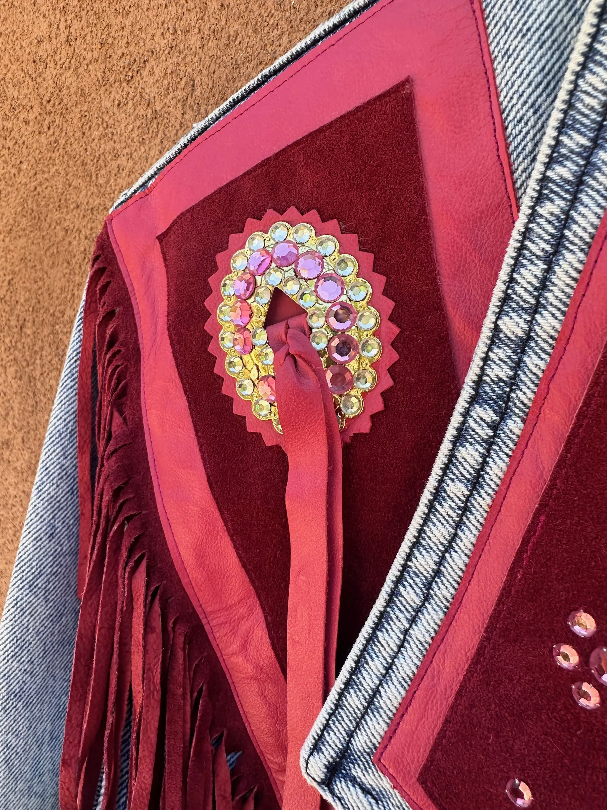 Acid Wash Denim Jacket with Pink Suede & Fringe Detail - Sundance