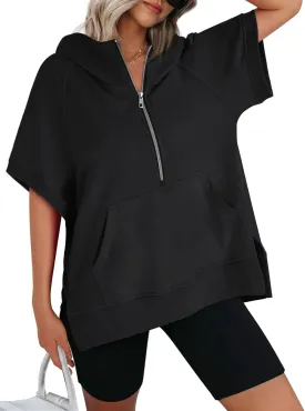 AUTOMET Oversized Hoodies for Women Short Sleeve Half zip Sweatshirt Fleece Loose Fit Pullover 2025 Fall Fashion Outfits