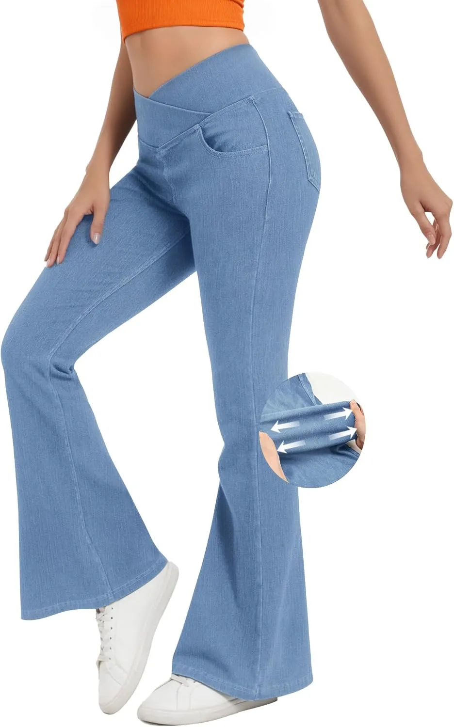 Bell Bottom Jeans for Women High Waisted Stretchy Flare Jeans with Pockets Trendy Crossover Pull On Flare Jeggings