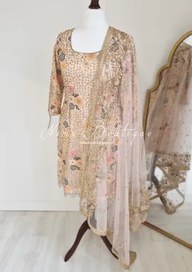Bella Luxury Blush Pink Floral Embroidered Suit with Pajami and sleeves(sizes 14-18)