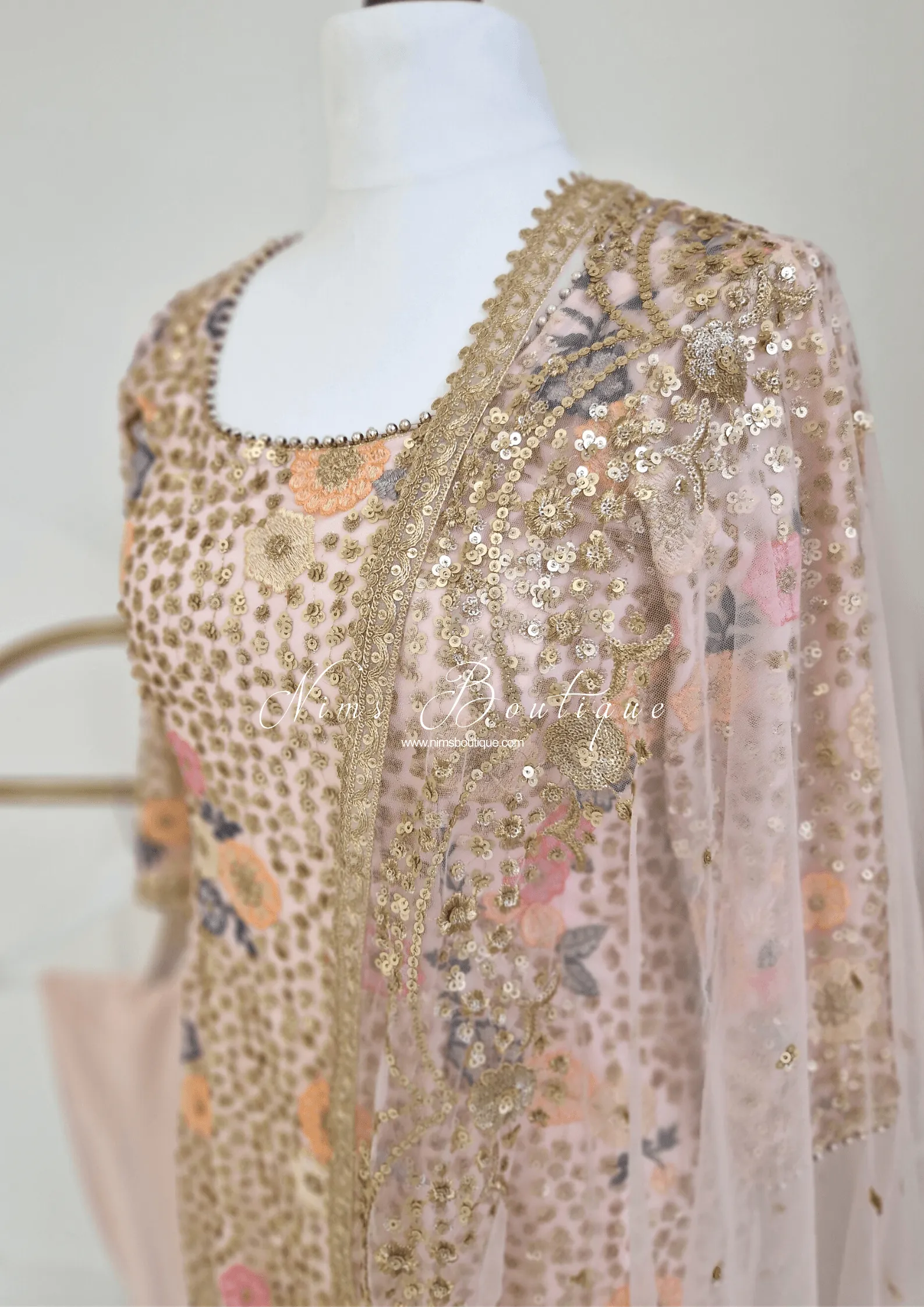 Bella Luxury Blush Pink Floral Embroidered Suit with Pajami and sleeves(sizes 14-18)