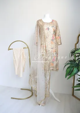 Bella Luxury Cream Floral Embroidered Suit with Pajami and sleeves(sizes 14-18)