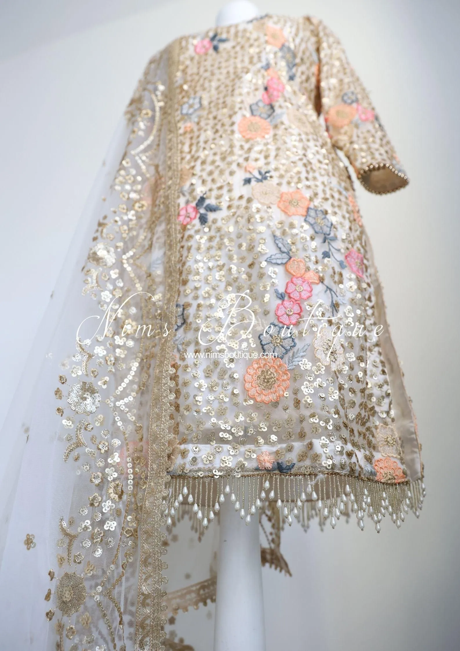 Bella Luxury Cream Floral Embroidered Suit with Pajami and sleeves(sizes 14-18)