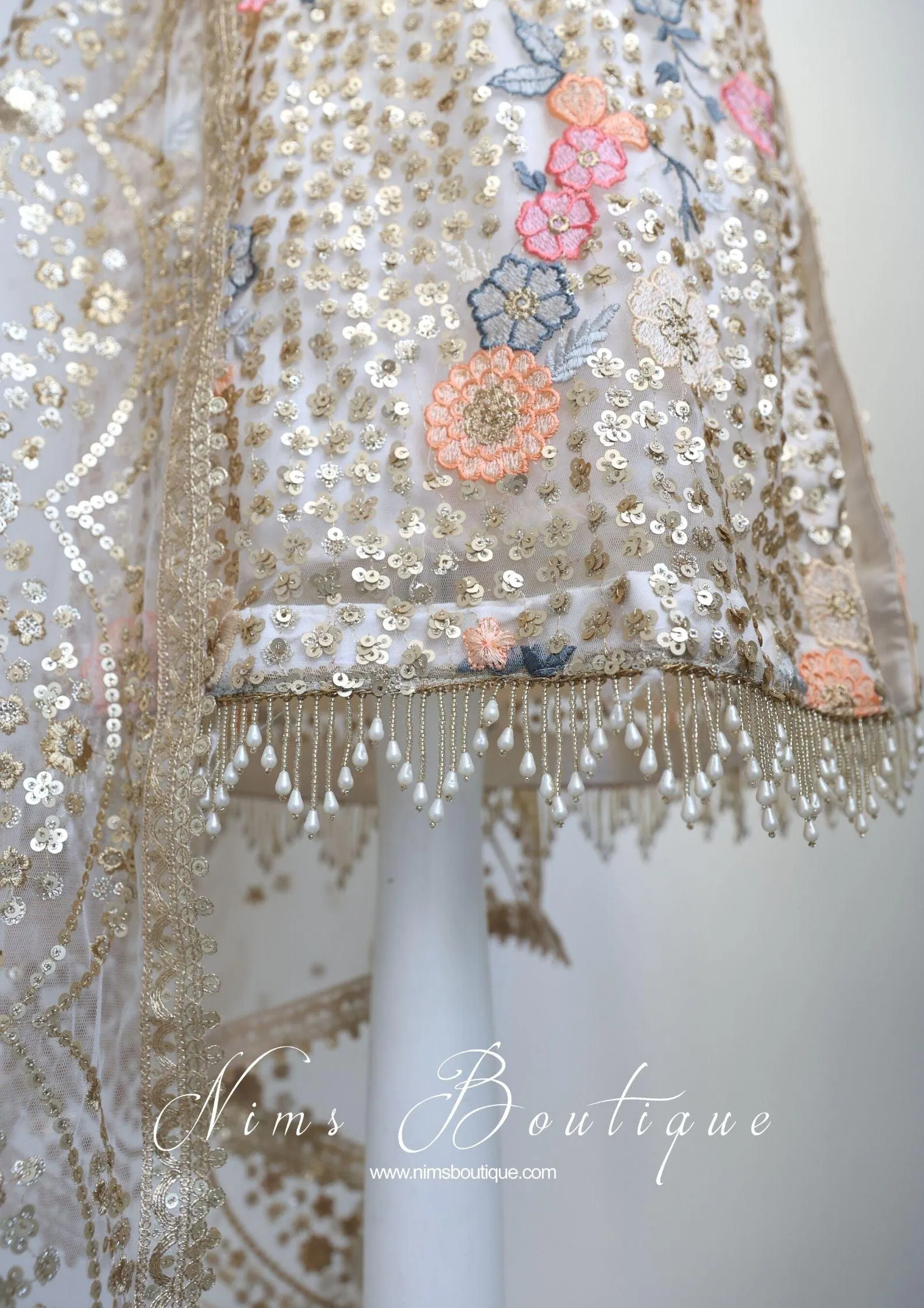 Bella Luxury Cream Floral Embroidered Suit with Pajami and sleeves(sizes 14-18)