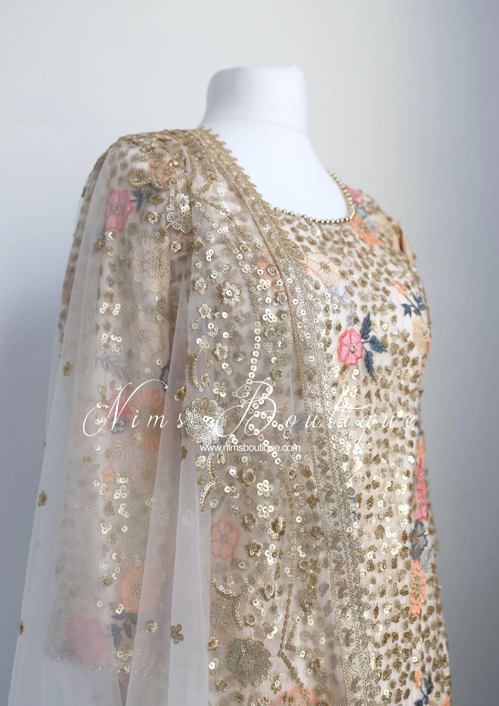 Bella Luxury Cream Floral Embroidered Suit with Pajami and sleeves(sizes 14-18)