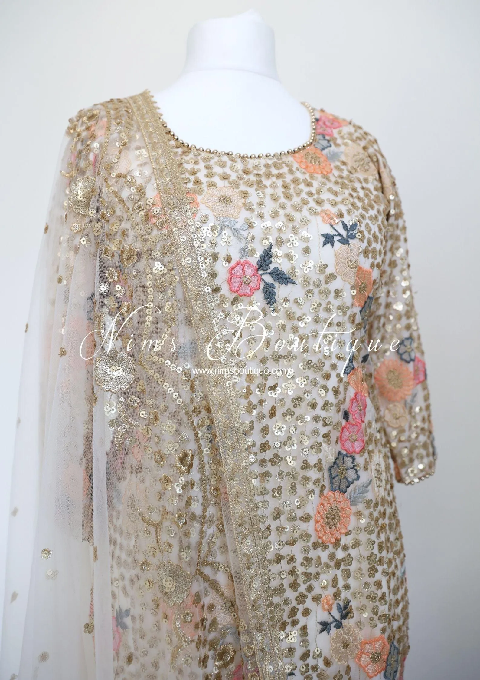 Bella Luxury Cream Floral Embroidered Suit with Pajami and sleeves(sizes 14-18)