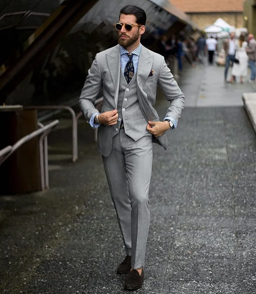 Bespoke Formal Mens Suits Regular Grey Three-Piece Business Suits