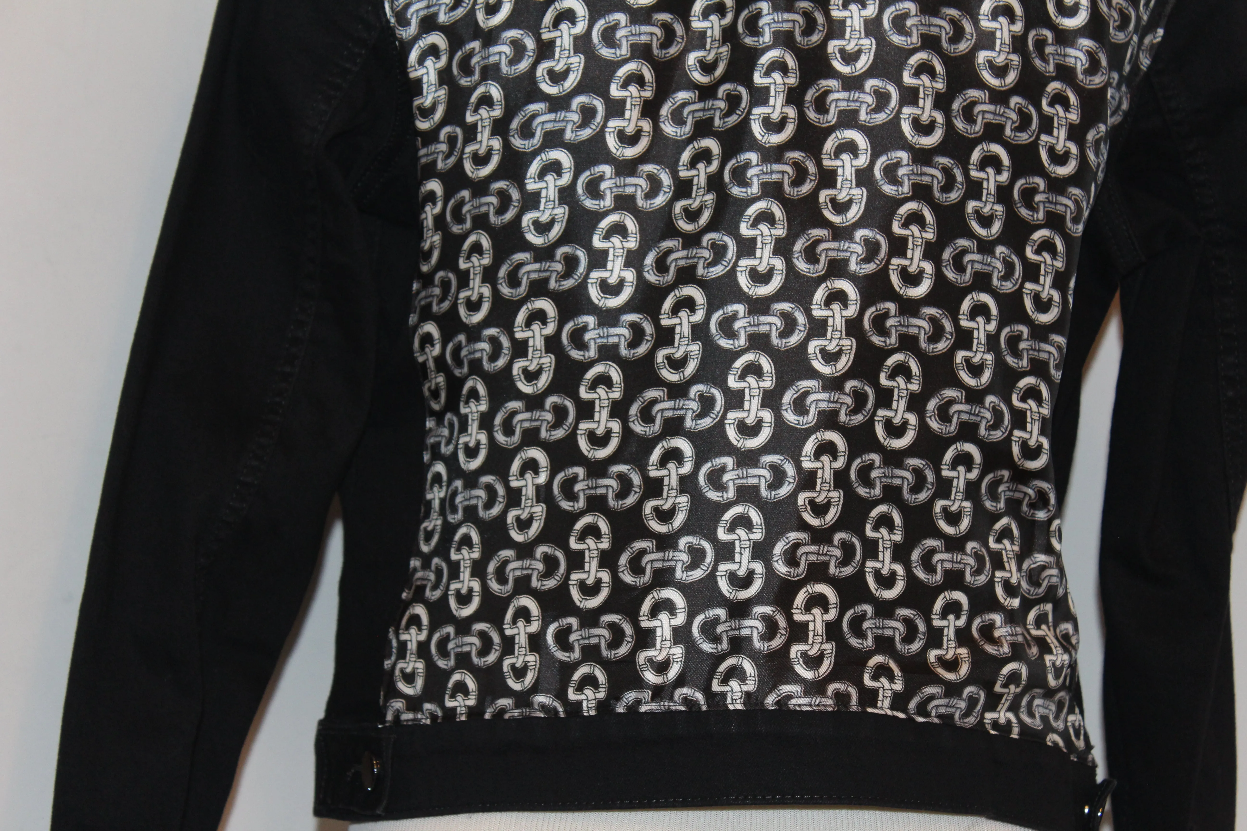 Black Denim Jacket with Black and White Link Scarf