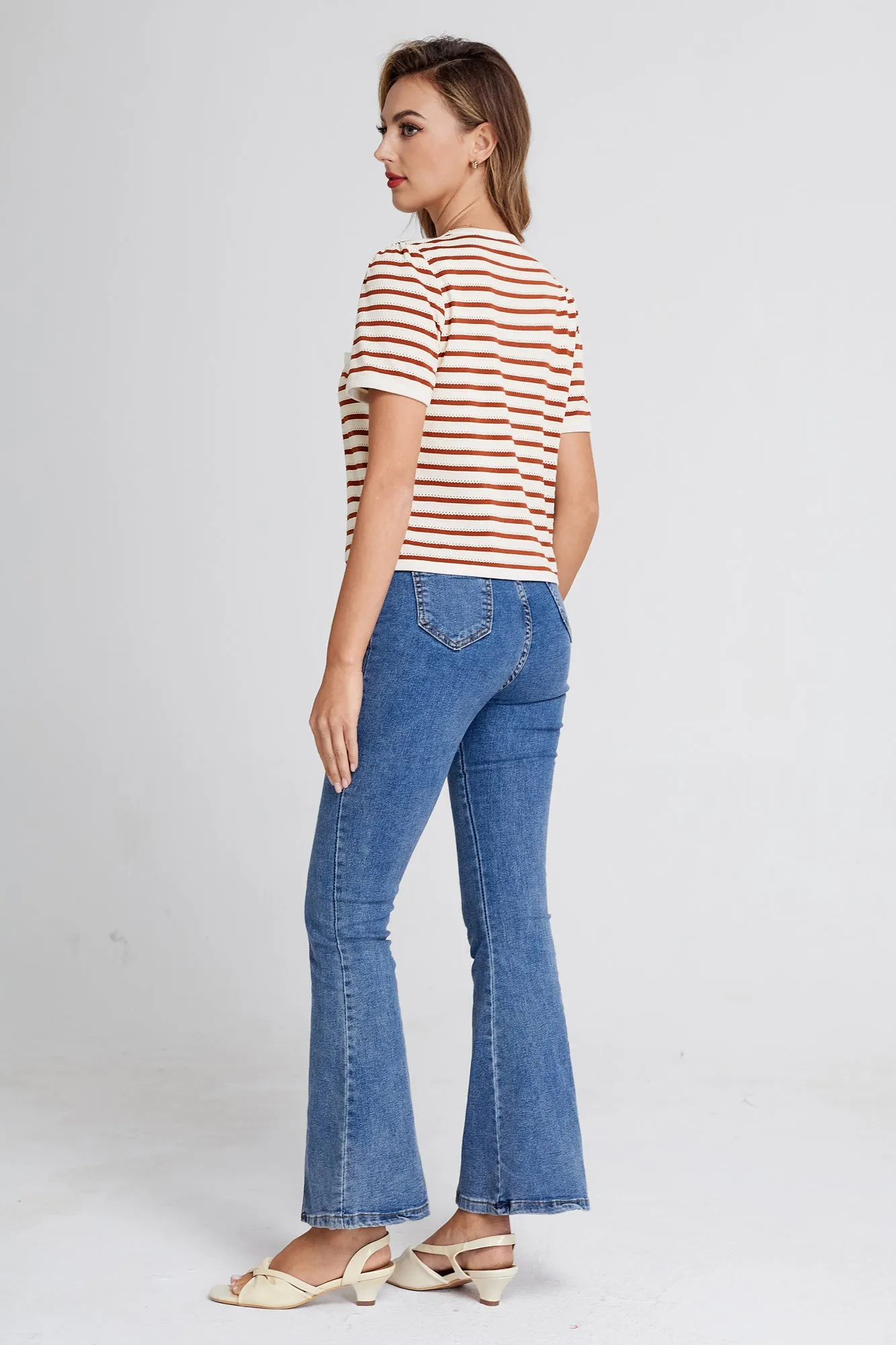 BP Women Vintage Hollowed-out Tops Short Sleeve Crew Neck Striped Cropped Tops