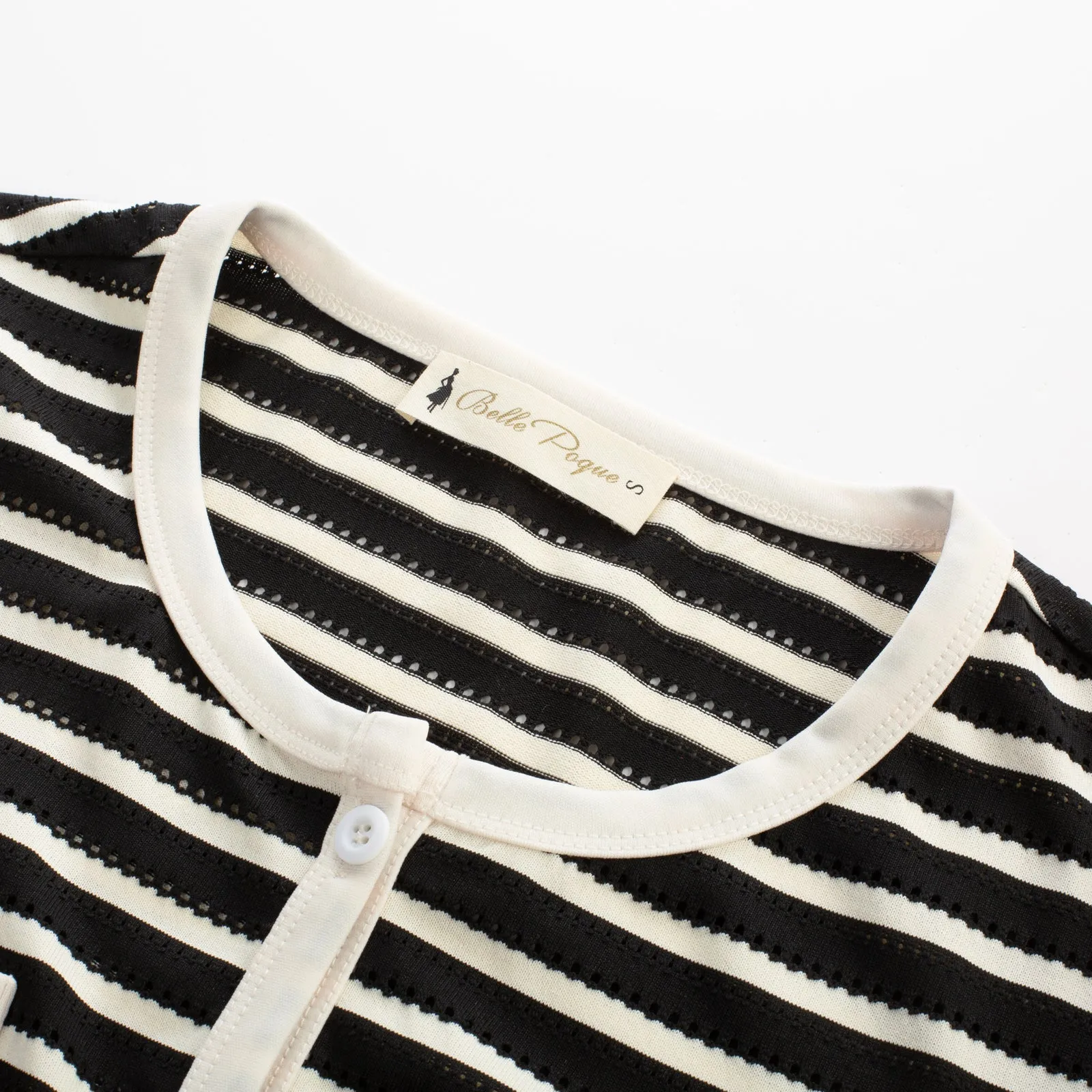 BP Women Vintage Hollowed-out Tops Short Sleeve Crew Neck Striped Cropped Tops