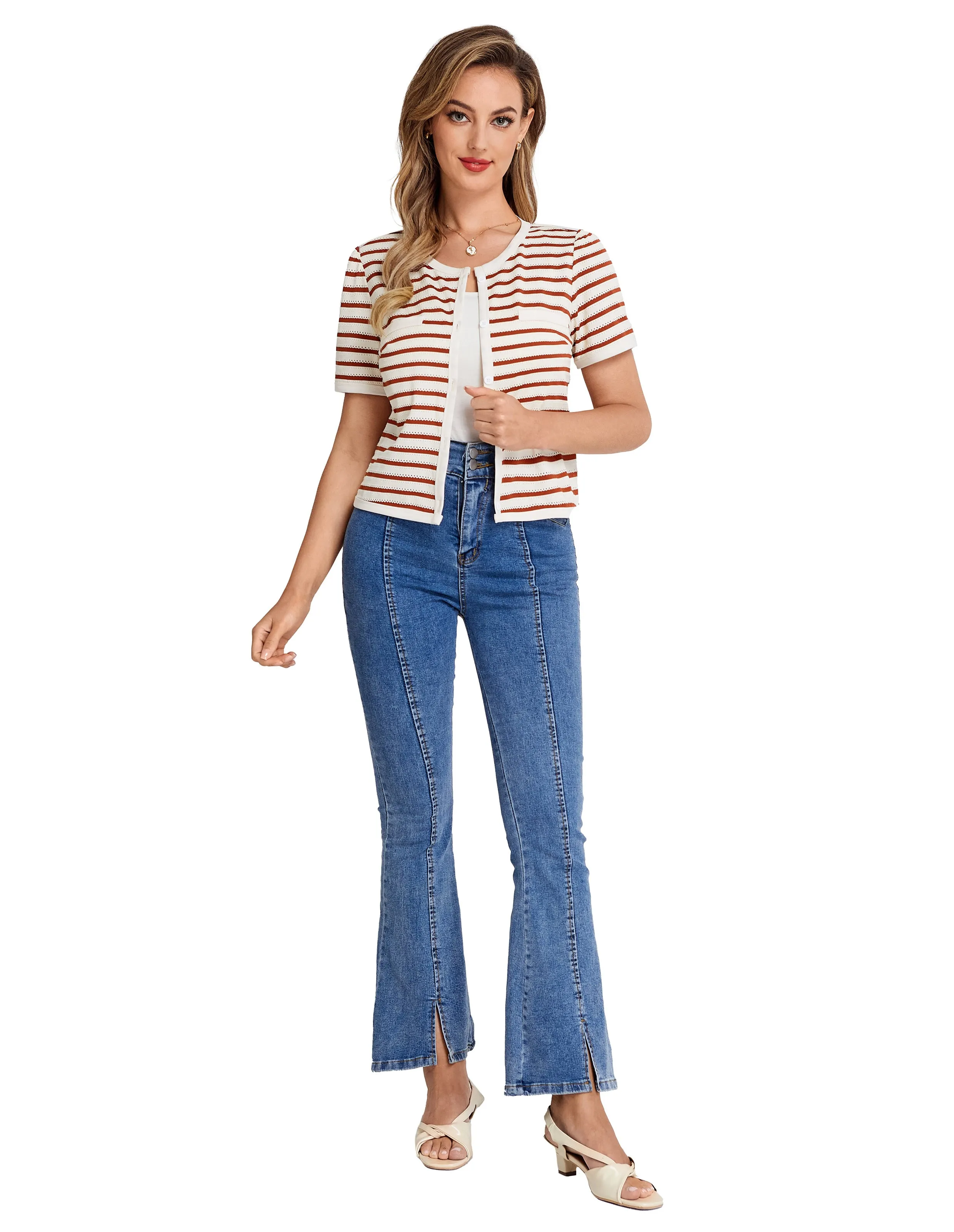 BP Women Vintage Hollowed-out Tops Short Sleeve Crew Neck Striped Cropped Tops