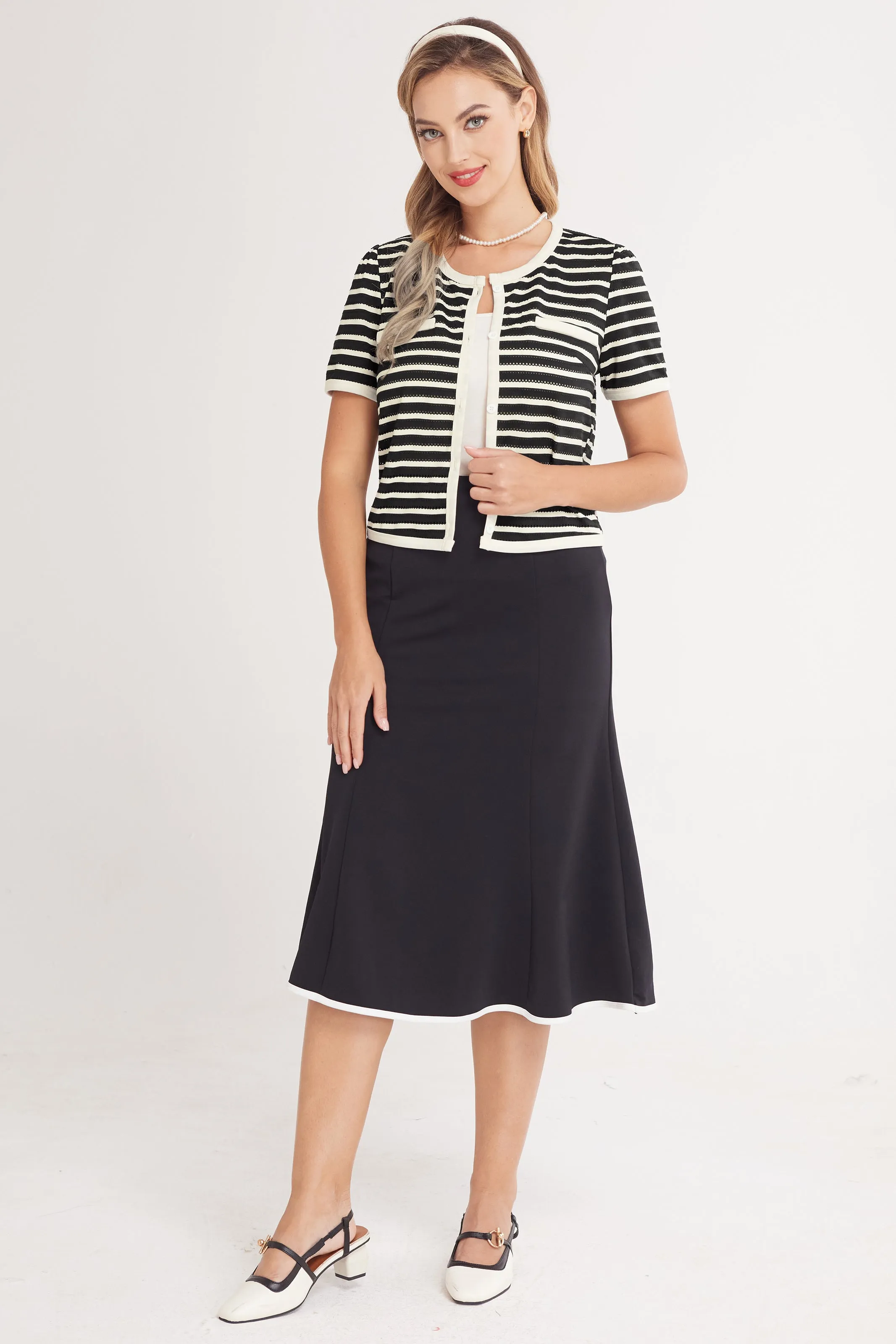 BP Women Vintage Hollowed-out Tops Short Sleeve Crew Neck Striped Cropped Tops