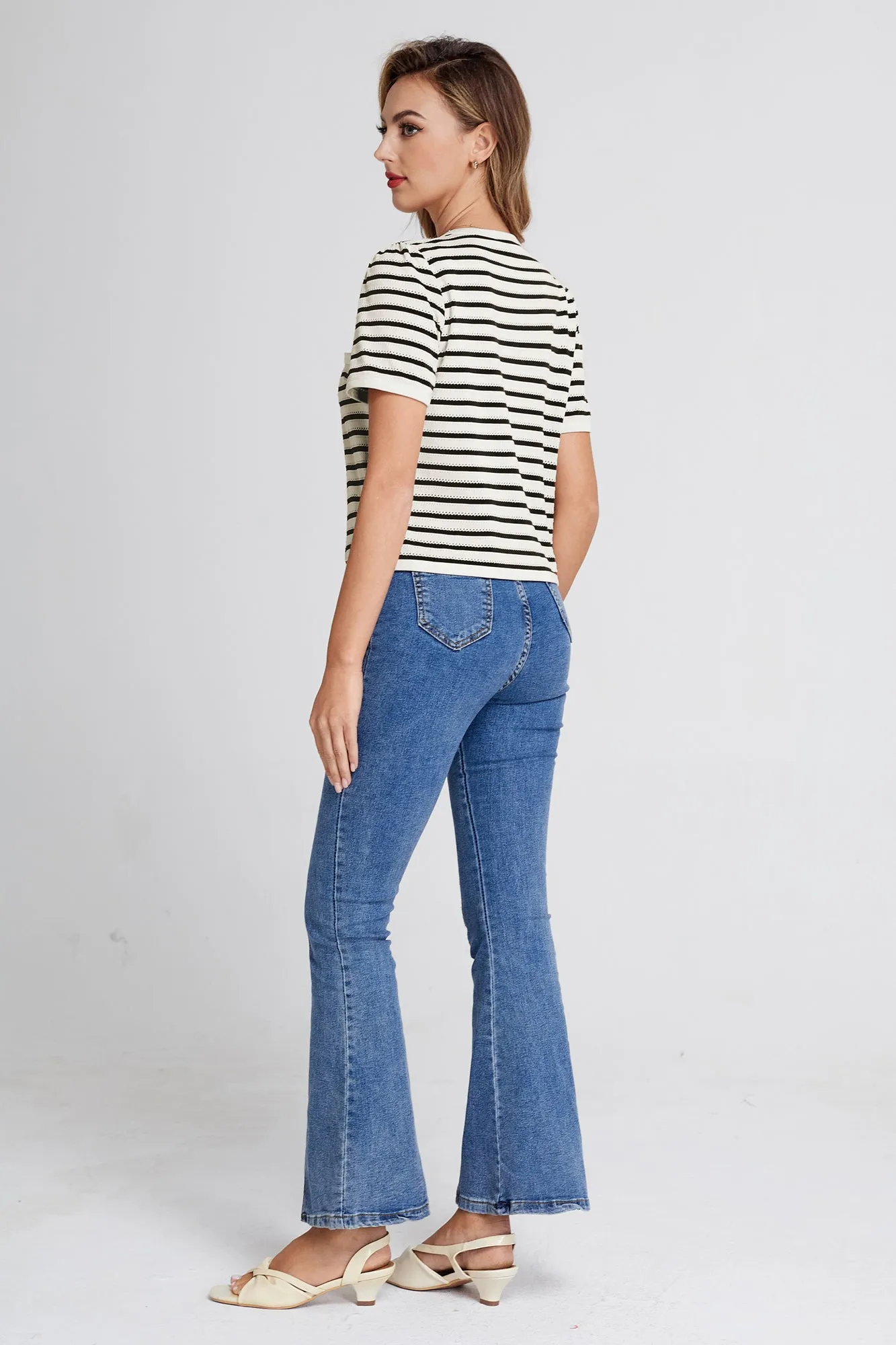 BP Women Vintage Hollowed-out Tops Short Sleeve Crew Neck Striped Cropped Tops