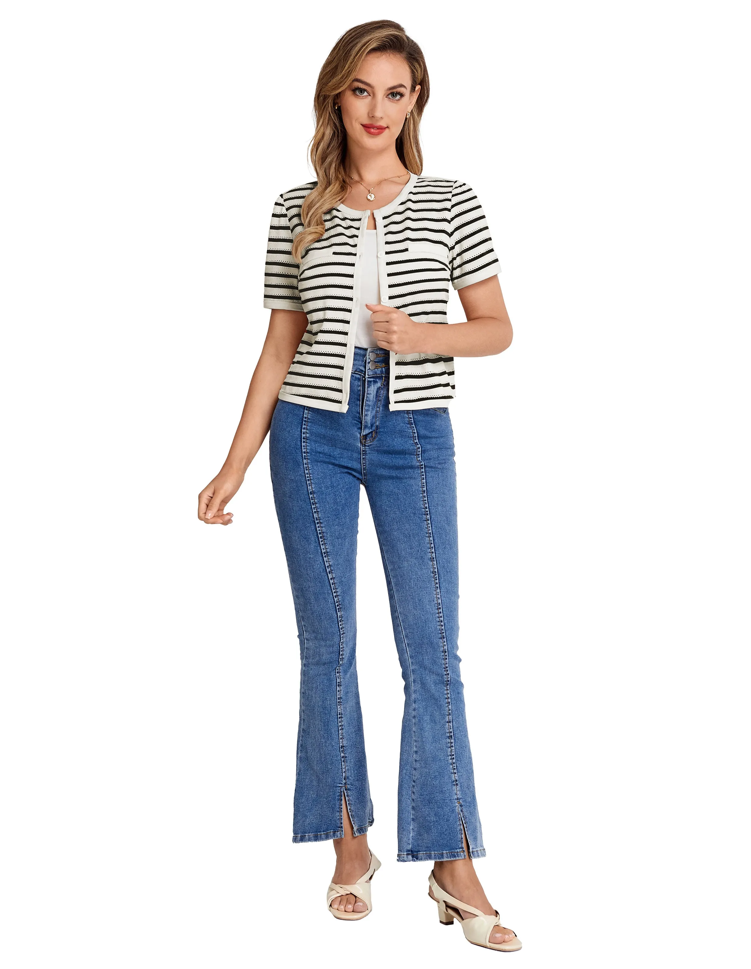 BP Women Vintage Hollowed-out Tops Short Sleeve Crew Neck Striped Cropped Tops