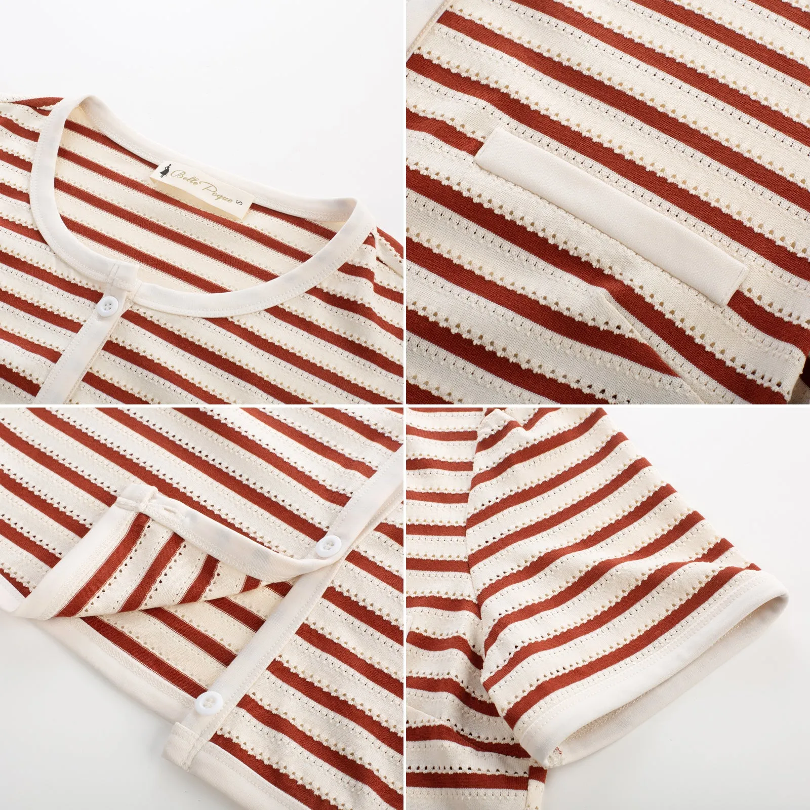 BP Women Vintage Hollowed-out Tops Short Sleeve Crew Neck Striped Cropped Tops