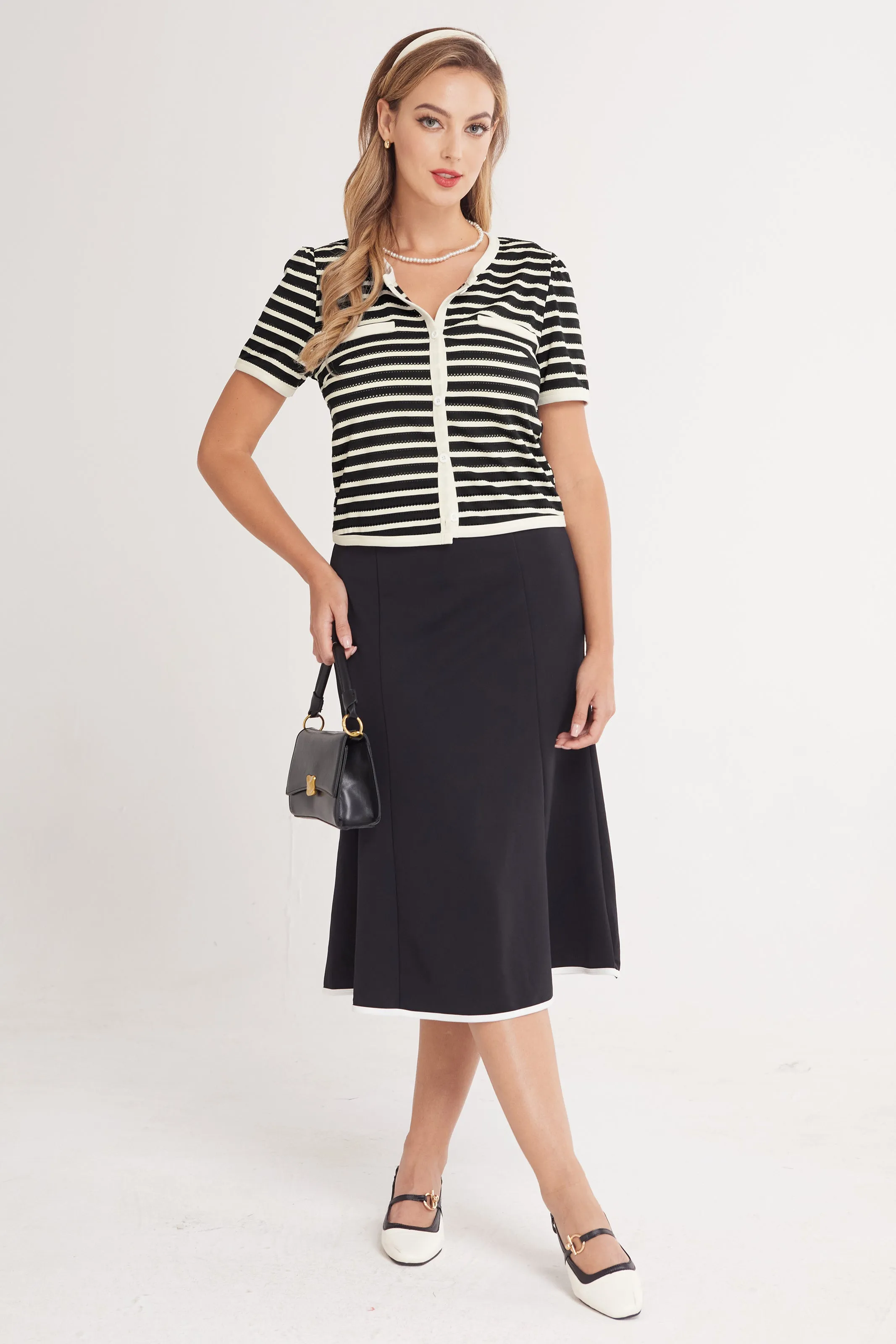 BP Women Vintage Hollowed-out Tops Short Sleeve Crew Neck Striped Cropped Tops