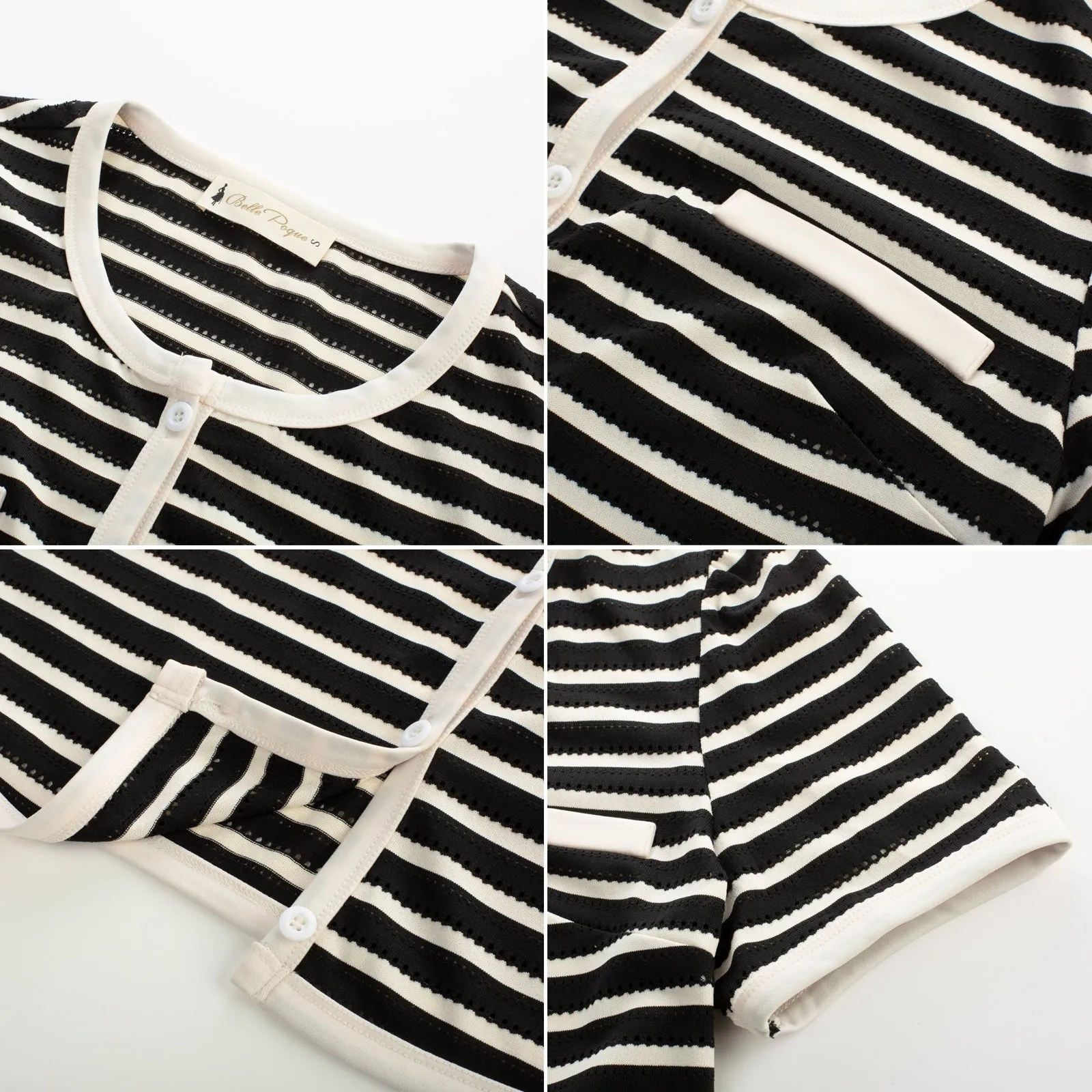 BP Women Vintage Hollowed-out Tops Short Sleeve Crew Neck Striped Cropped Tops
