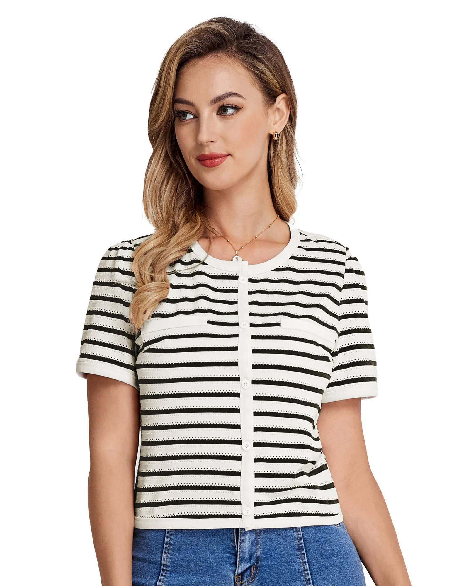 BP Women Vintage Hollowed-out Tops Short Sleeve Crew Neck Striped Cropped Tops