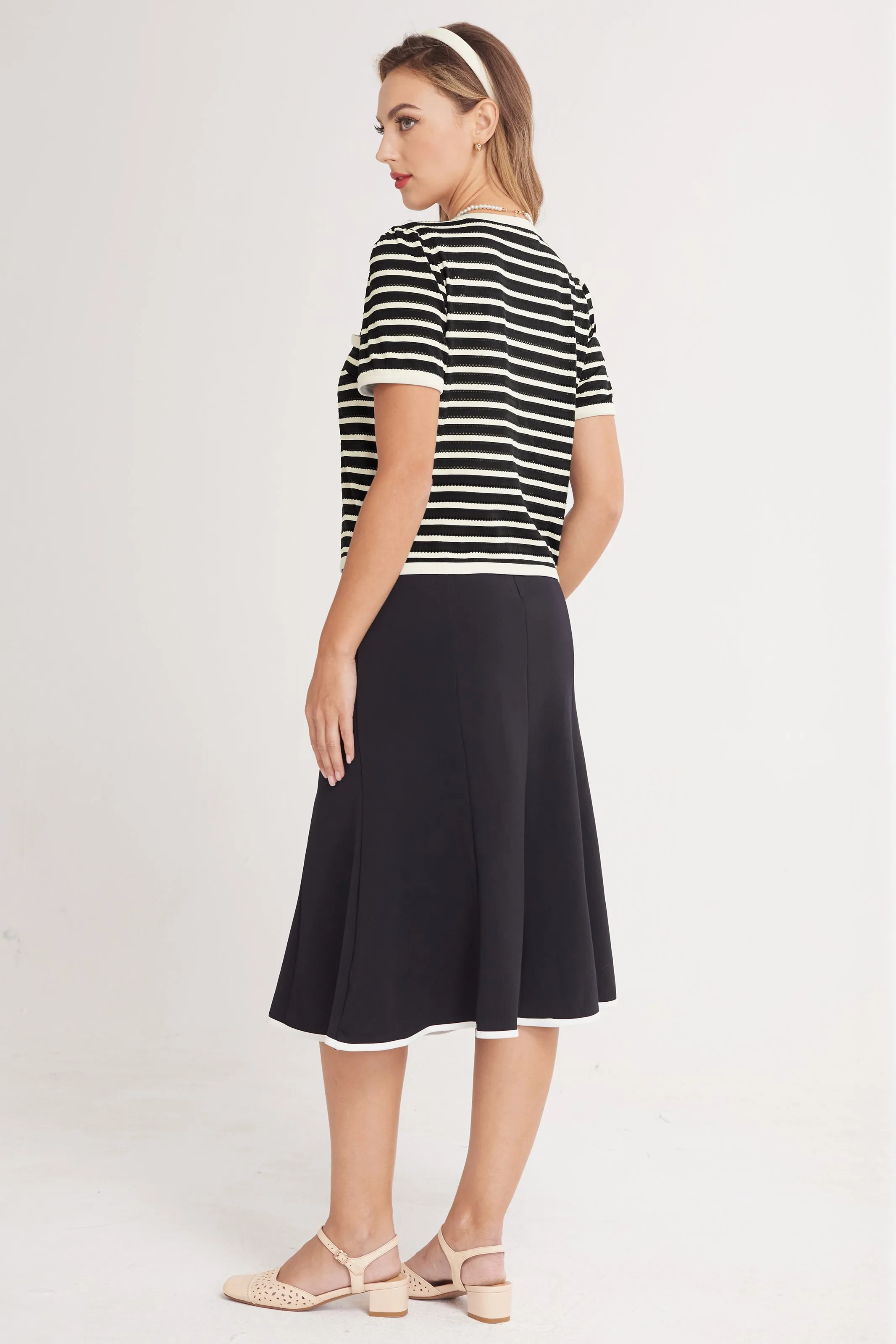 BP Women Vintage Hollowed-out Tops Short Sleeve Crew Neck Striped Cropped Tops