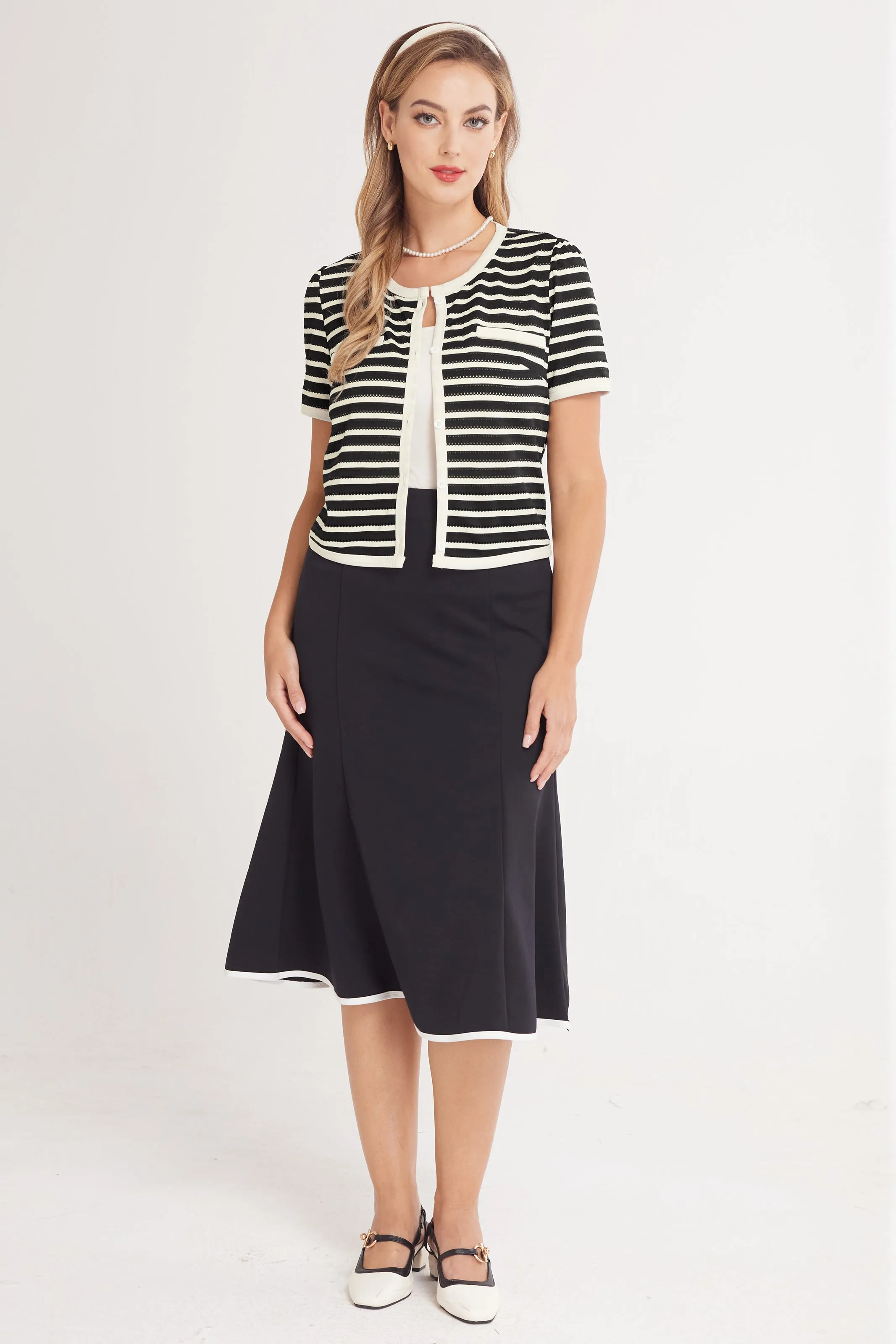 BP Women Vintage Hollowed-out Tops Short Sleeve Crew Neck Striped Cropped Tops