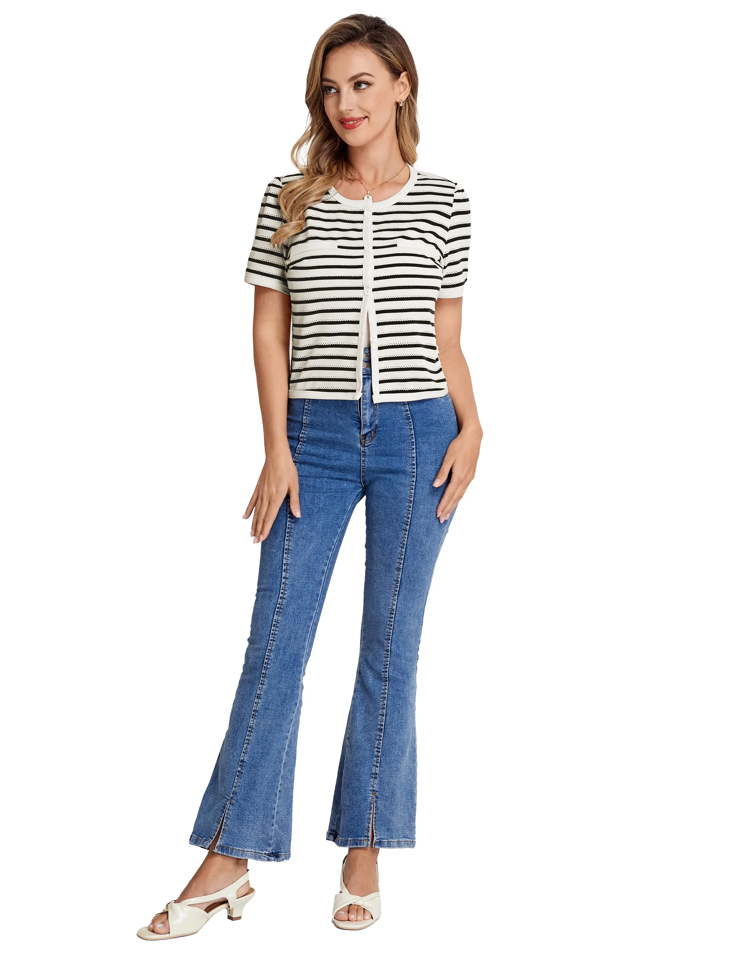 BP Women Vintage Hollowed-out Tops Short Sleeve Crew Neck Striped Cropped Tops