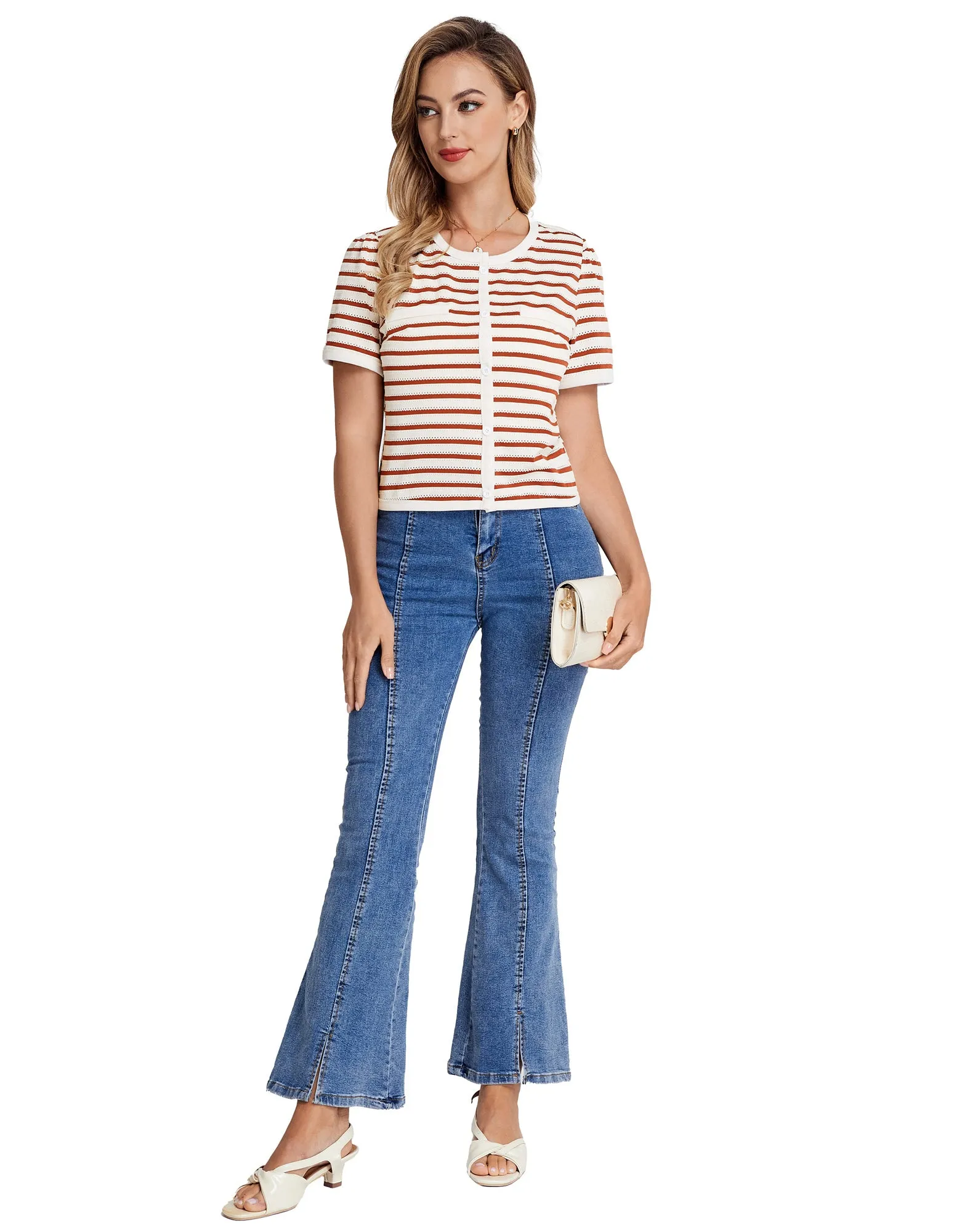BP Women Vintage Hollowed-out Tops Short Sleeve Crew Neck Striped Cropped Tops