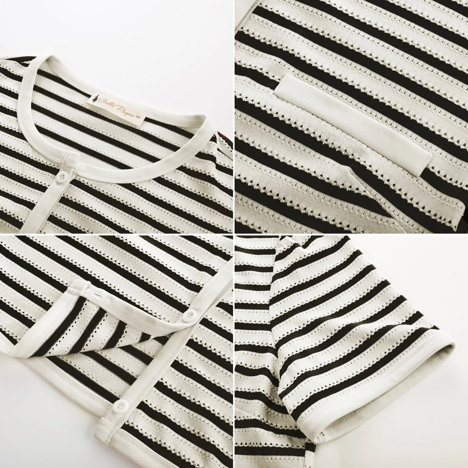 BP Women Vintage Hollowed-out Tops Short Sleeve Crew Neck Striped Cropped Tops
