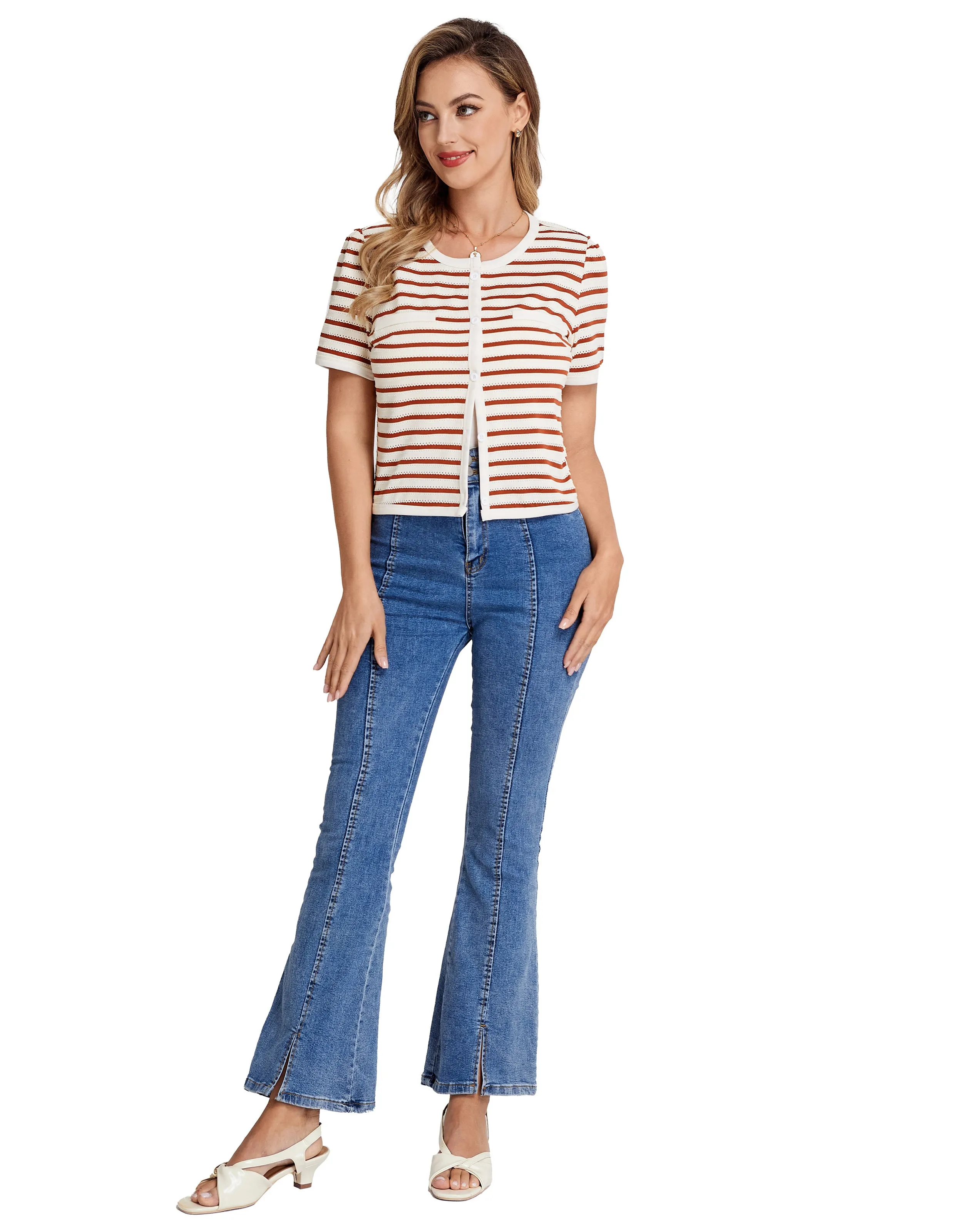BP Women Vintage Hollowed-out Tops Short Sleeve Crew Neck Striped Cropped Tops