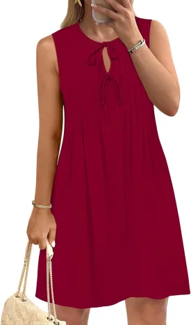 Caracilia Dresses for Women Summer Casual Sleeveless Self Tie Front Pleated Mini Sundress Swing Beach Vacation Dress 2025