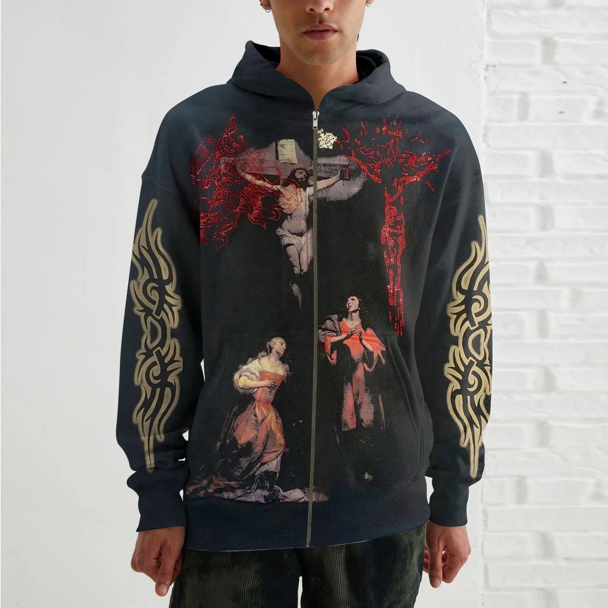 Casual men's retro style printed zipper cardigan men's hoodie