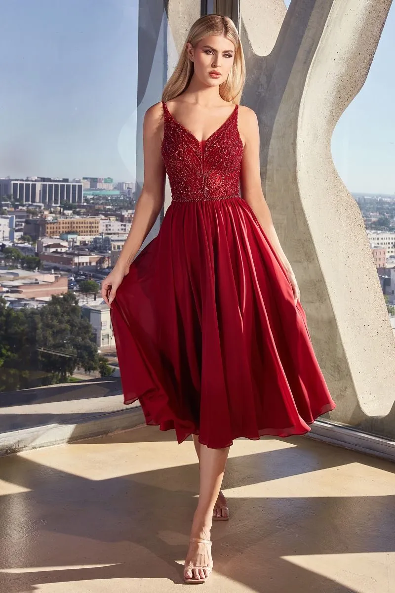 CD CD0225 -  Flowy Chiffon Tea Length A-Line Semi-Formal Gown with Sheer Bead Embellished V-Neck Bodice