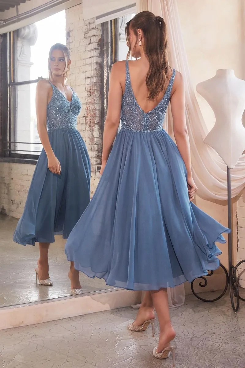 CD CD0225 -  Flowy Chiffon Tea Length A-Line Semi-Formal Gown with Sheer Bead Embellished V-Neck Bodice