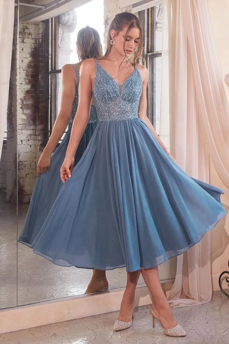 CD CD0225 -  Flowy Chiffon Tea Length A-Line Semi-Formal Gown with Sheer Bead Embellished V-Neck Bodice