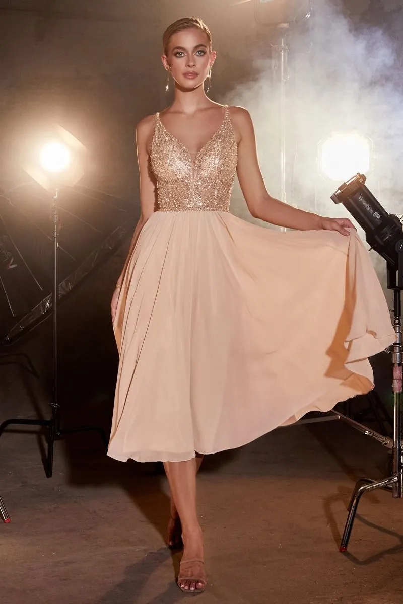 CD CD0225 -  Flowy Chiffon Tea Length A-Line Semi-Formal Gown with Sheer Bead Embellished V-Neck Bodice