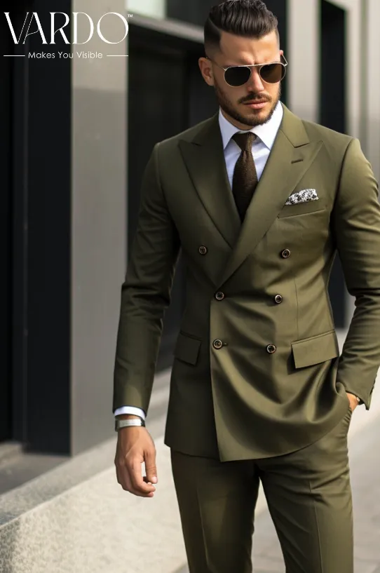 Classic Elegance Khaki Green Double Breasted Suit - Timeless Design - Tailored Suit - The Rising Sun store, Vardo