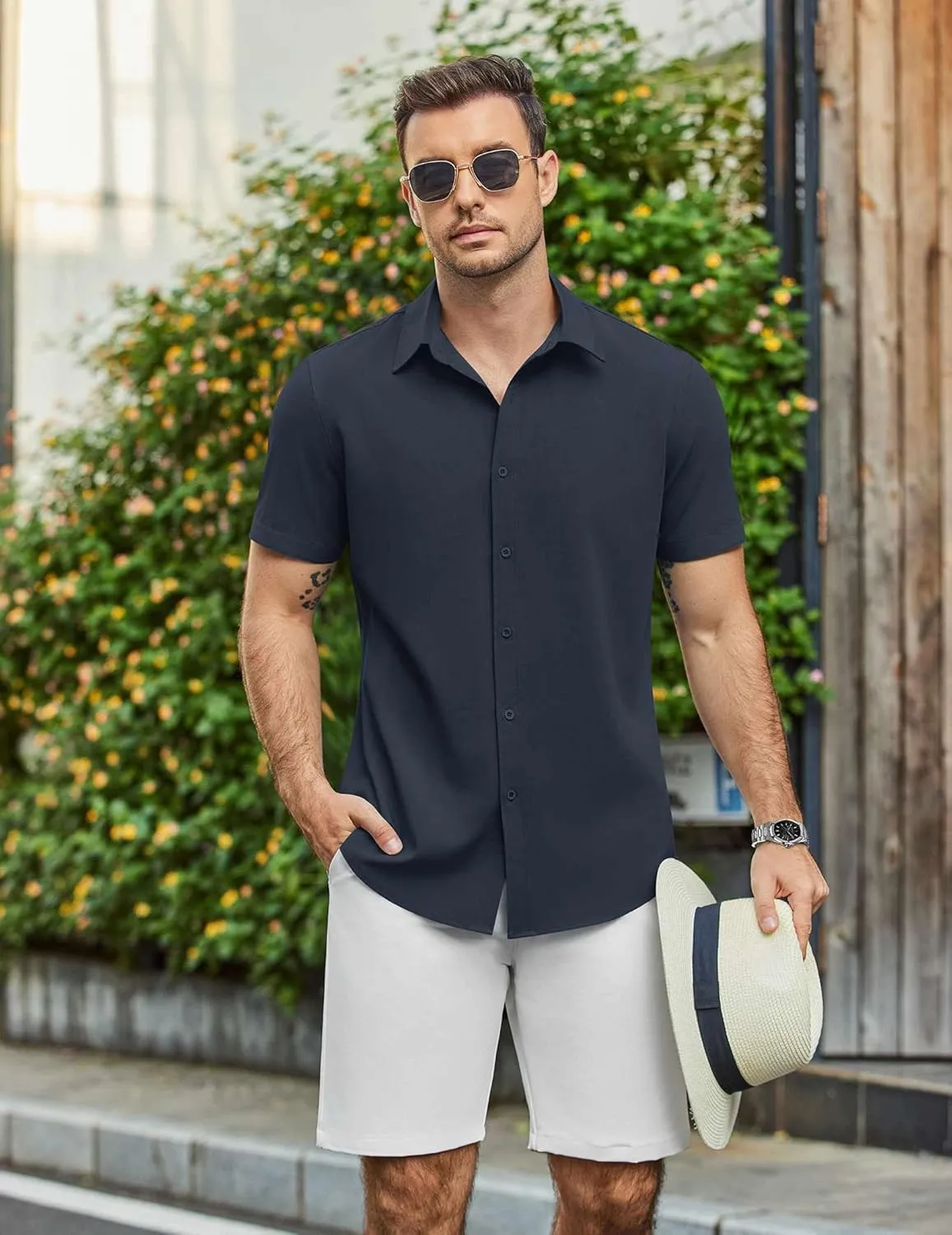 COOFANDY Mens Casual Shirts Short Sleeve Button Down Shirt Wrinkle Free Summer Shirt