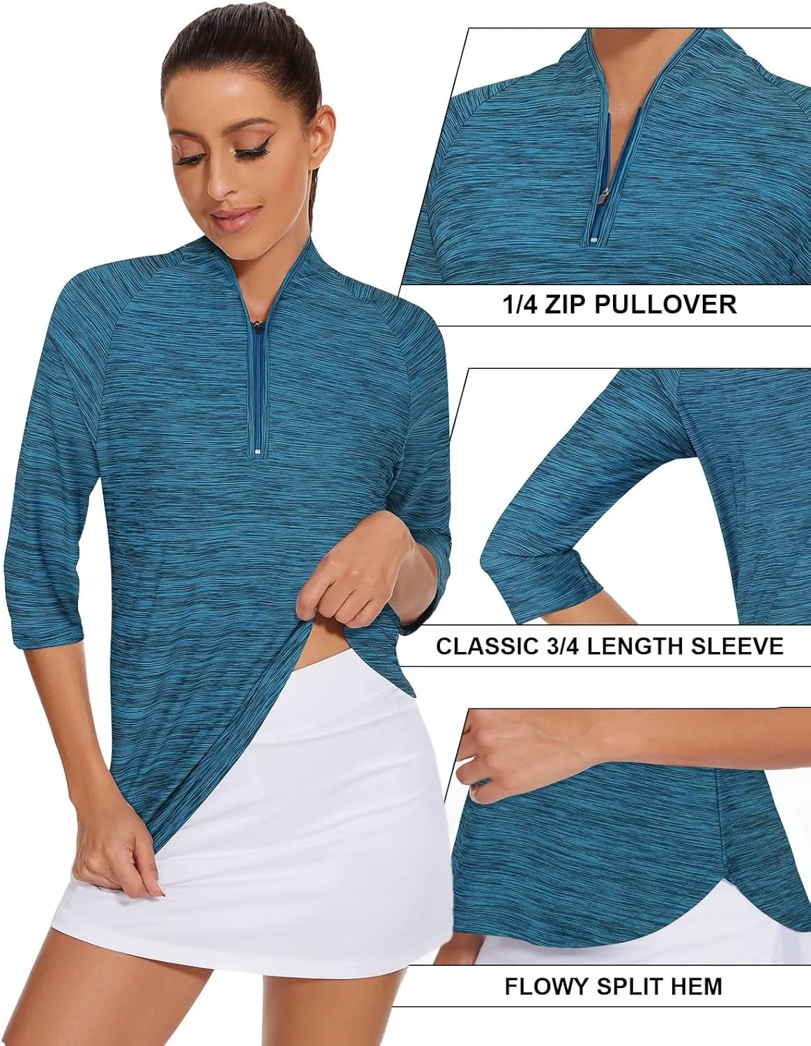Cucuchy Womens Golf Shirt Quick Dry 3/4 Sleeve Quarter Zip Polo Workout Tops Tennis Shirts S-XXL