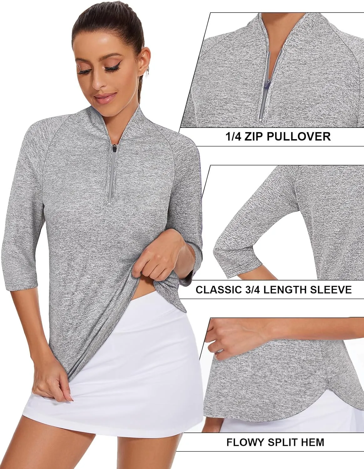 Cucuchy Womens Golf Shirt Quick Dry 3/4 Sleeve Quarter Zip Polo Workout Tops Tennis Shirts S-XXL