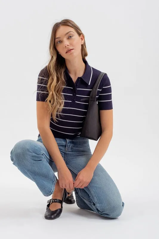 Delaney Short Sleeve Stripe Print Knit Top Navy