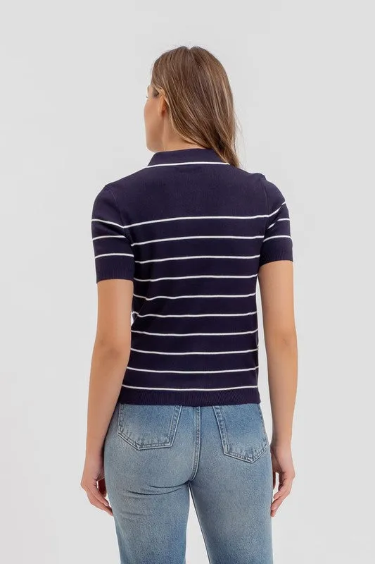 Delaney Short Sleeve Stripe Print Knit Top Navy