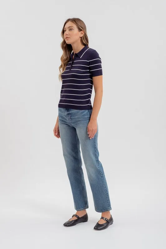 Delaney Short Sleeve Stripe Print Knit Top Navy