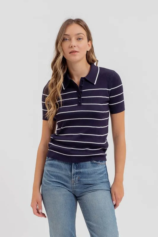 Delaney Short Sleeve Stripe Print Knit Top Navy