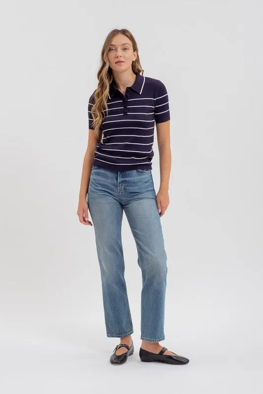 Delaney Short Sleeve Stripe Print Knit Top Navy