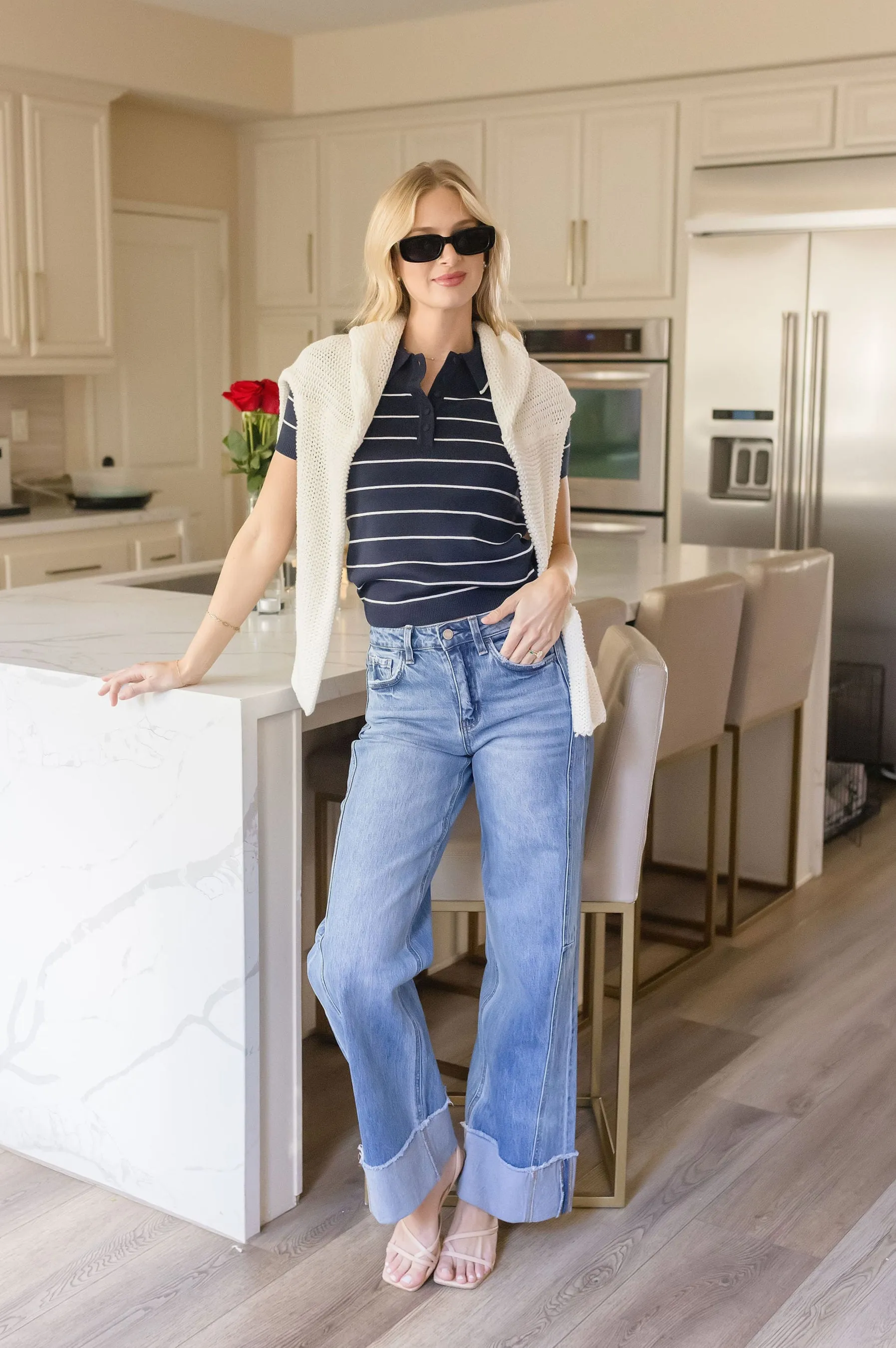 Delaney Short Sleeve Stripe Print Knit Top Navy