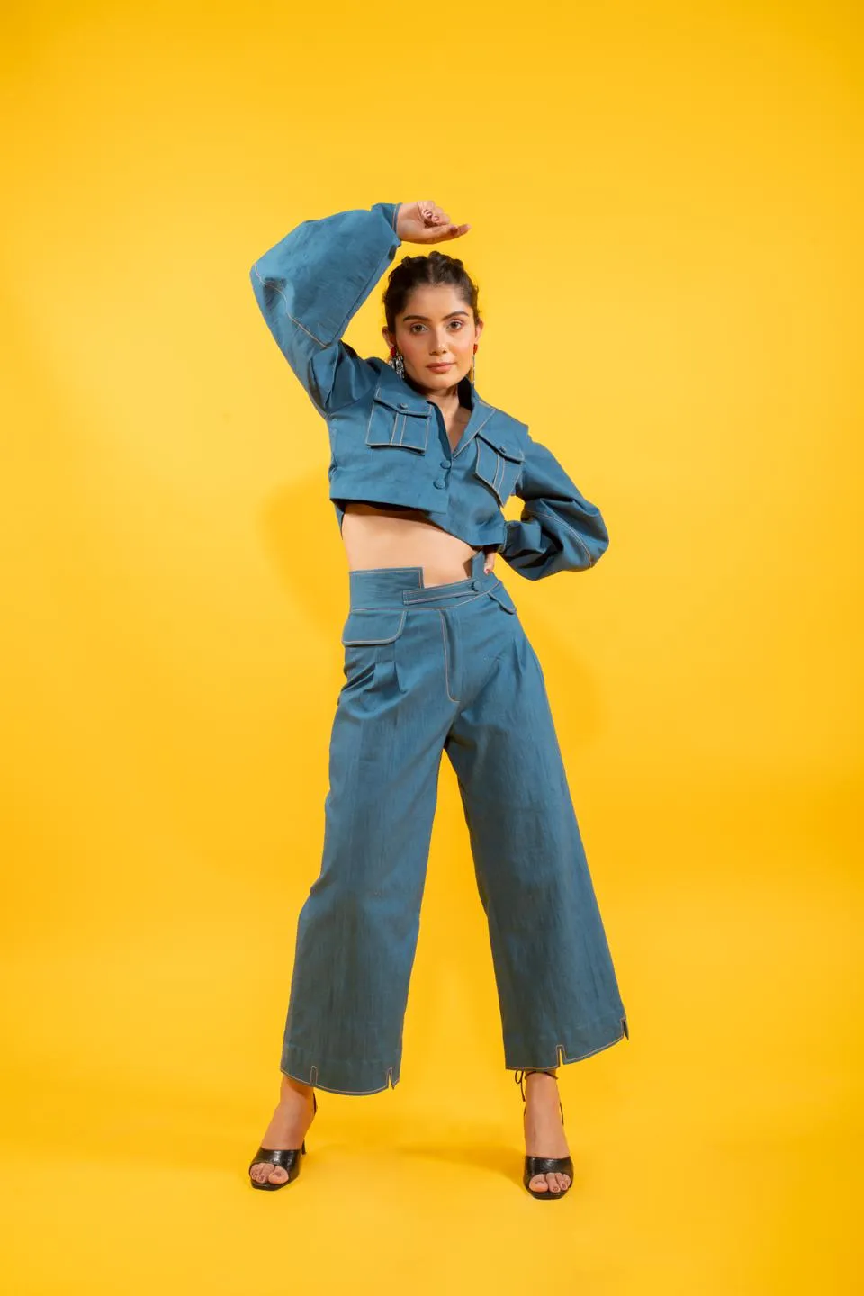 Denim Oversized Short Jacket With Statement Bottom Set