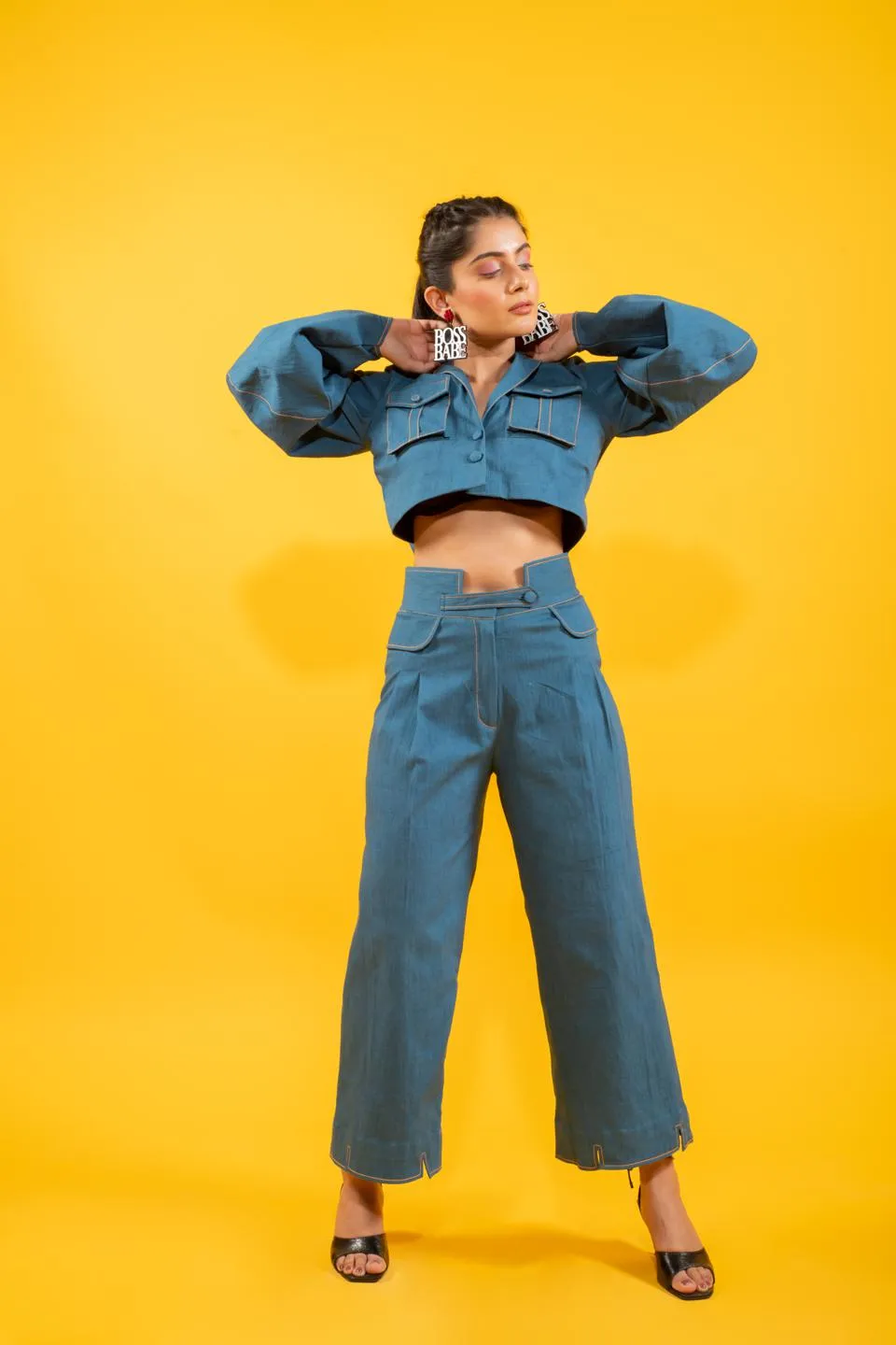 Denim Oversized Short Jacket With Statement Bottom Set