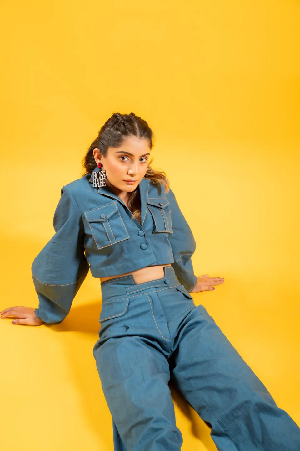 Denim Oversized Short Jacket With Statement Bottom Set