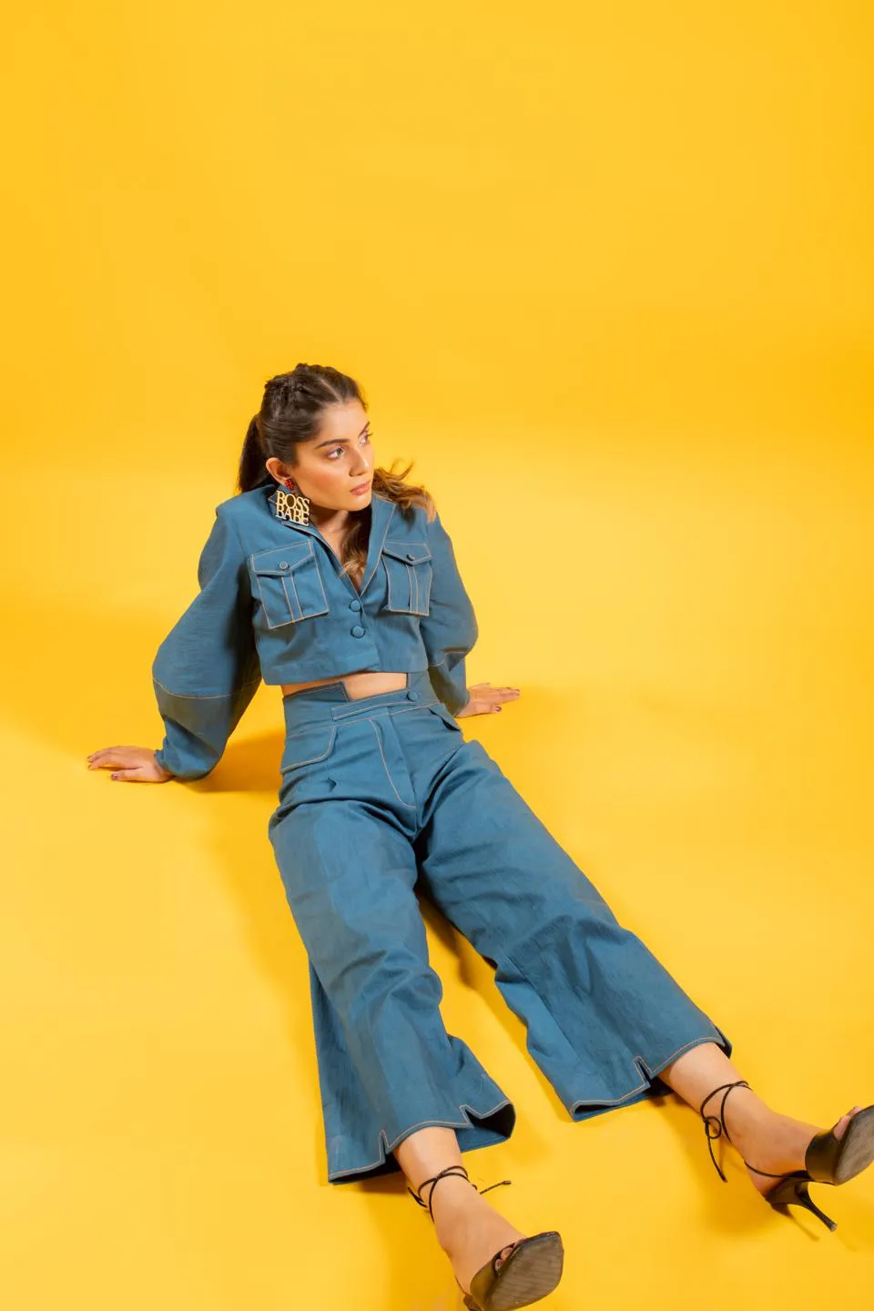Denim Oversized Short Jacket With Statement Bottom Set