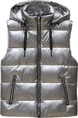 Dgoopd Puffer Vest Men Shiny Hooded Reflective Down Jacket Padded Jacket Vest Thick Quilted Puffer Coat Winter Warm Vest