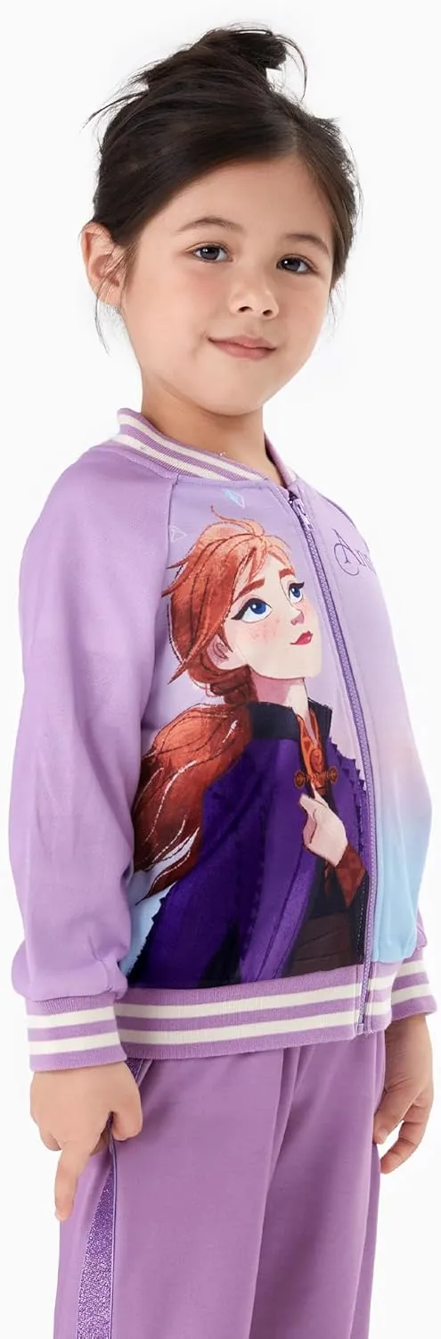 Disney Frozen Elsa Princess Moana Ariel Rapunzel Toddler Girl Varsity Bomber Jacket Lightweight Zip-up Sweatshirt 2-6T